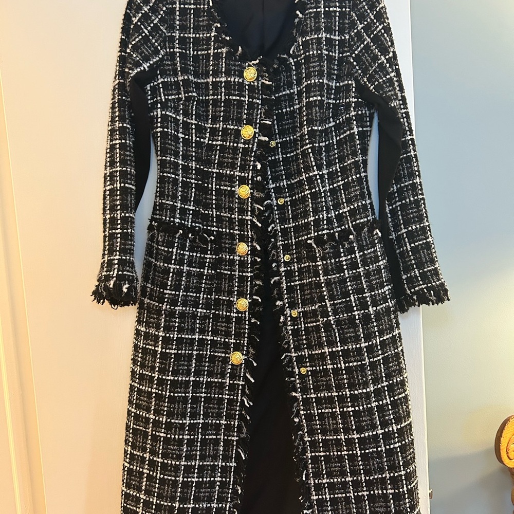 VISHAL Size Small Black and White Tweed Coat with Gold Buttons, Calf length